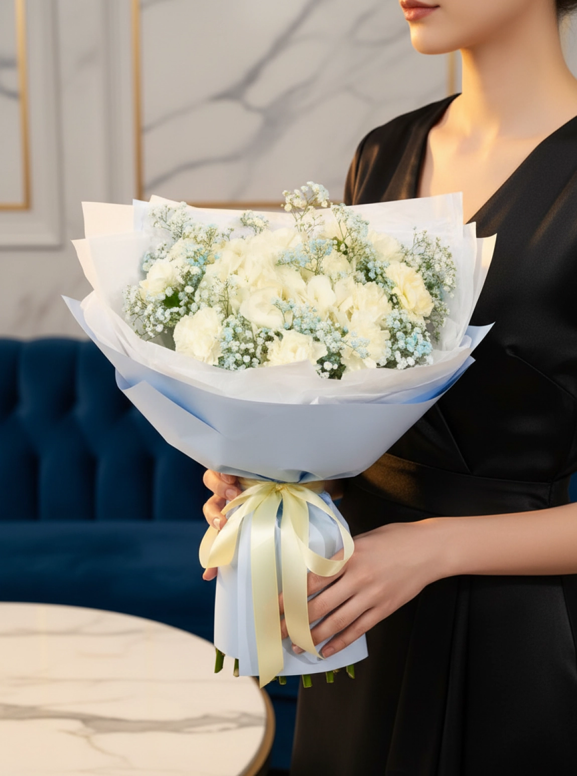 5 Adet Cipso ve 7 Beyaz Gül Buketi