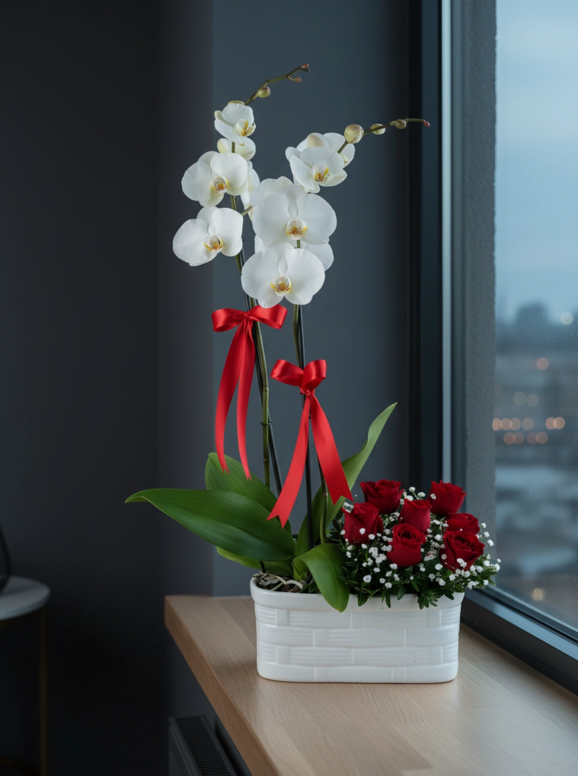 Çift Dallı Beyaz Orkide ve 7 Adet Gül