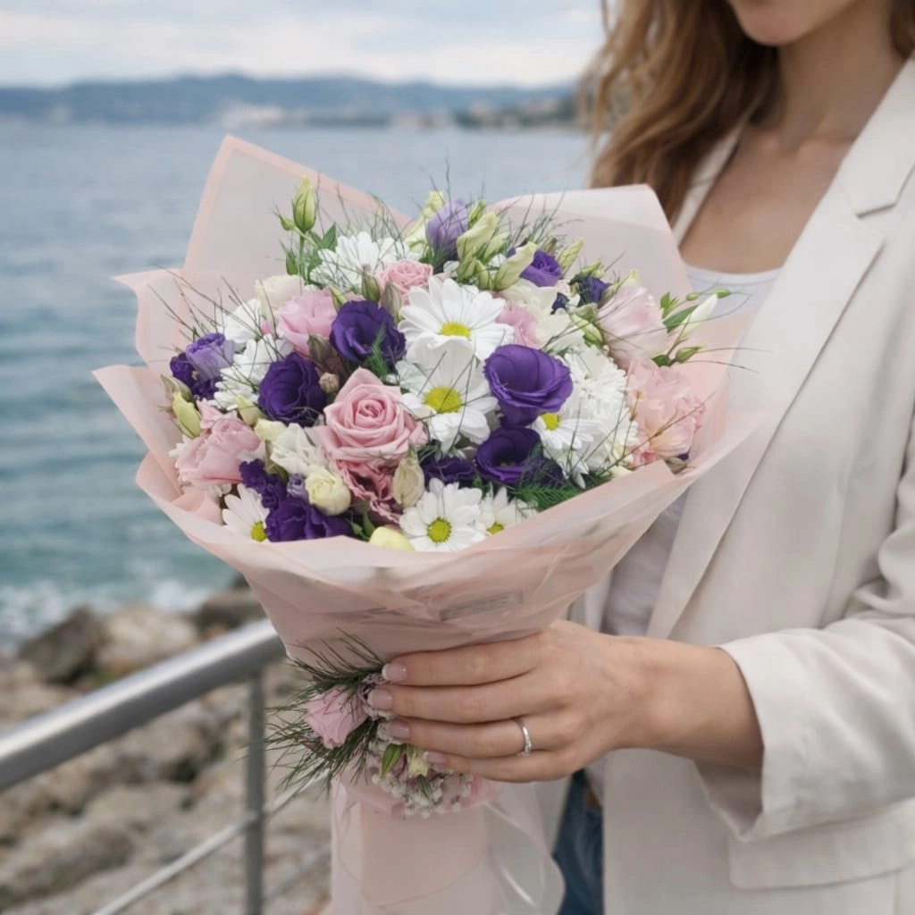 Pembe Mor Beyaz Buket 