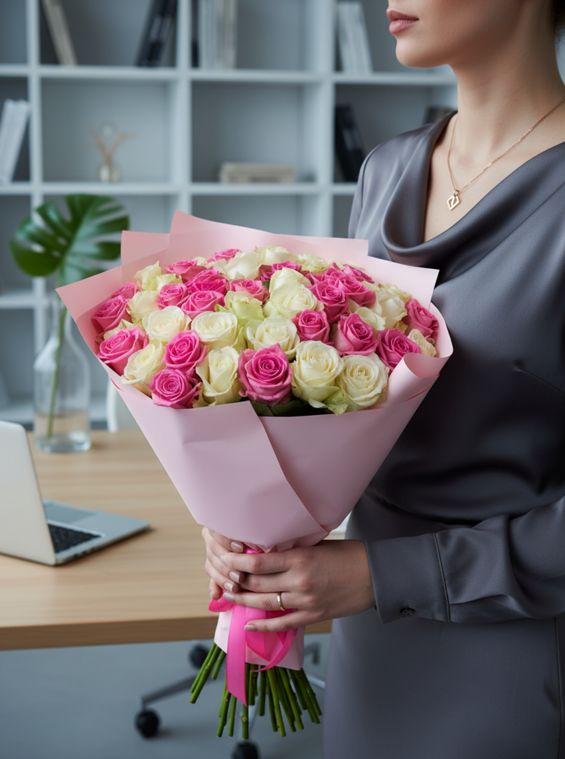 51 Adet Pembe ve Krem Gül Buketi