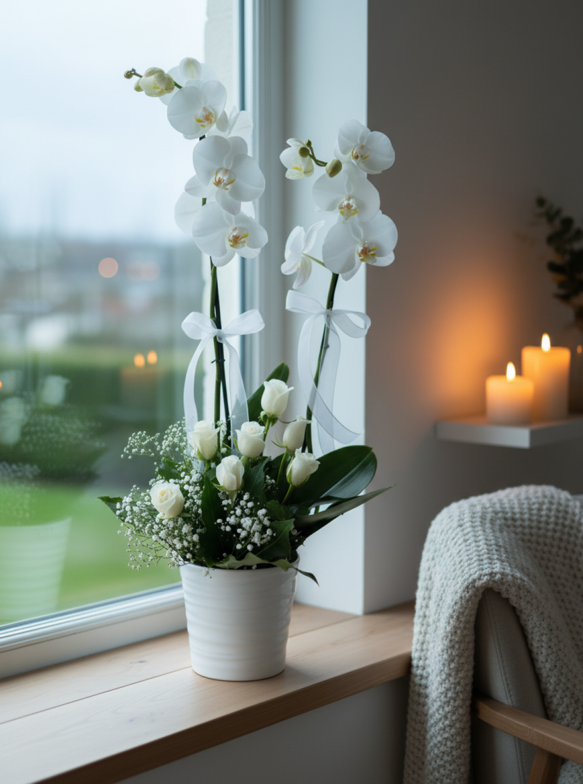 Seramik Vazoda Çift Dallı Beyaz Orkideler