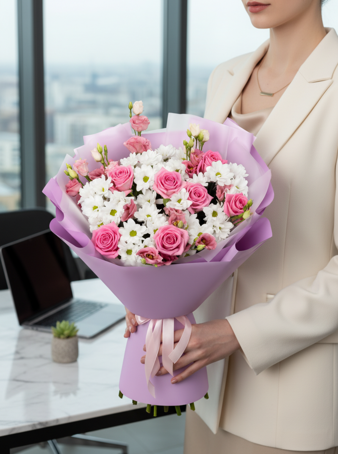 Papatya ve Pembe Gül Buketi