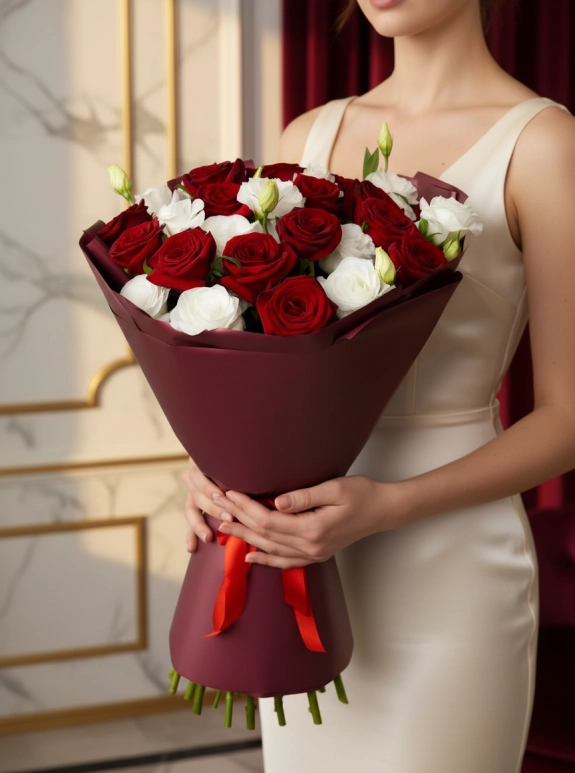 17 Kırmızı ve Beyaz Gül Buketi