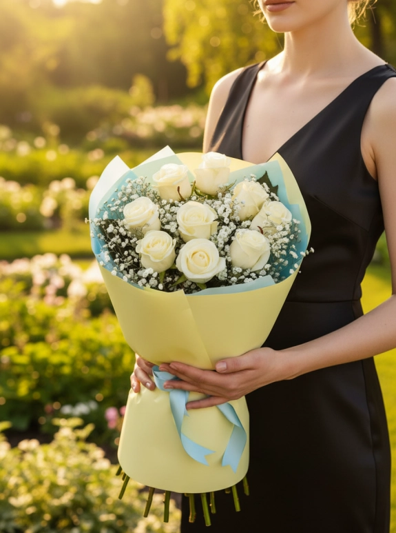 9 Beyaz Gül Premium Buket