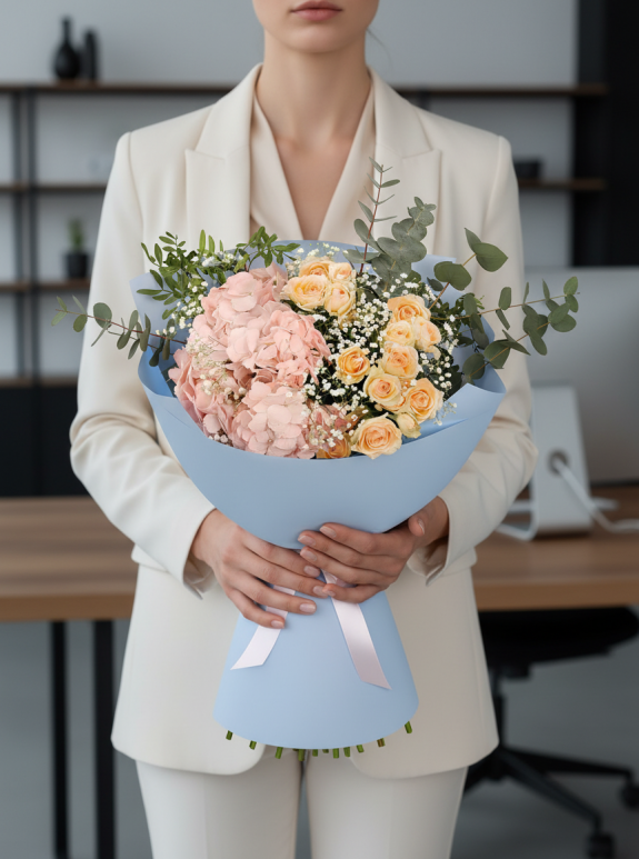 Pembe Ortanca Süslü Buket