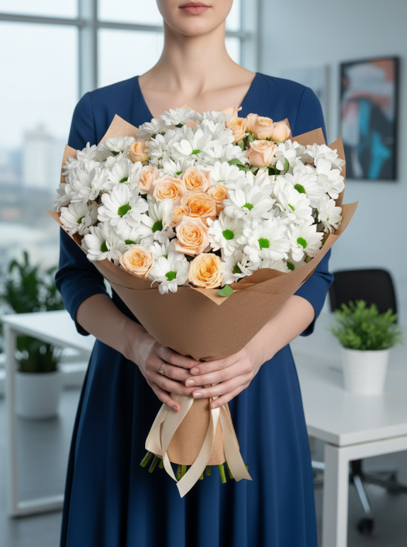 Papatya ve Krem Gül Buketi