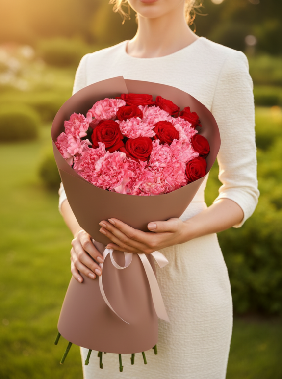 9 Gül ve 12 Pembe Karanfil Buketi