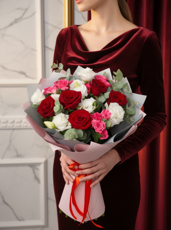 5 Kırmızı ve Beyaz 3 Pembe Gül Buketi