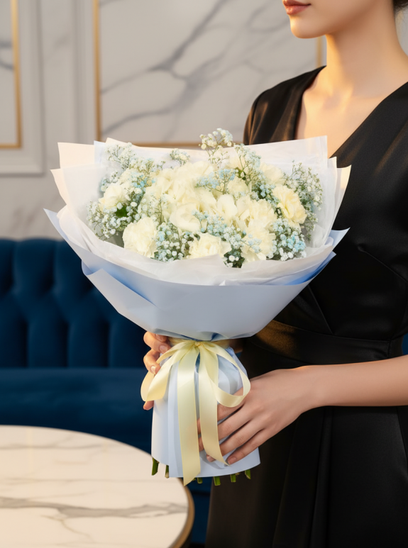 5 Adet Cipso ve 7 Beyaz Gül Buketi