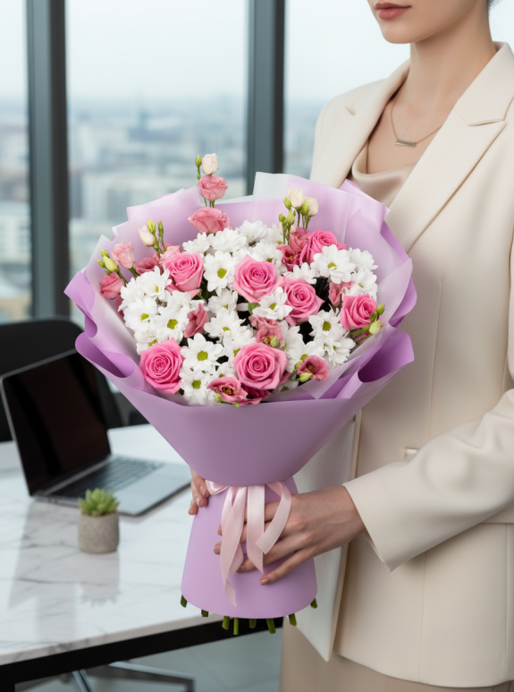 Papatya ve Pembe Gül Buketi