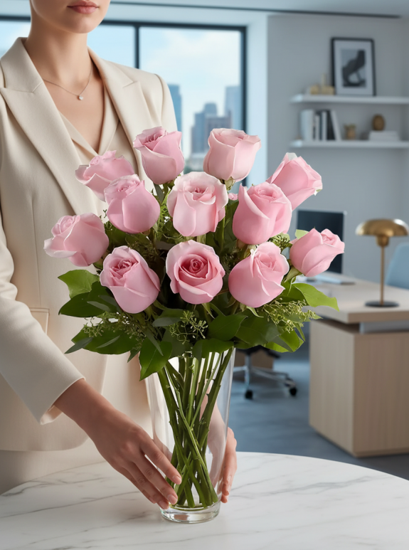 Vazoda 12 Tane Pembe Güller