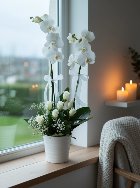Seramik Vazoda Çift Dallı Beyaz Orkideler