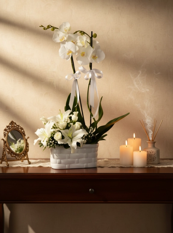 Seramikte Çift Dallı Beyaz Orkide