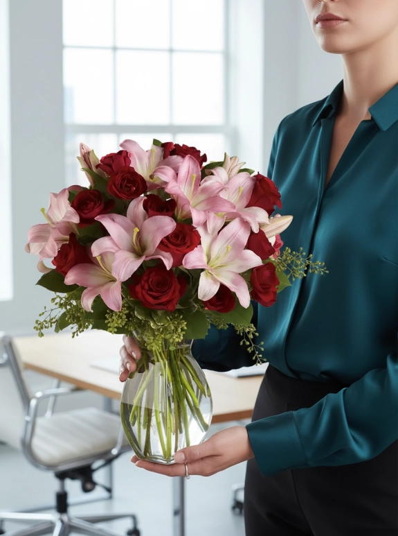 Vazoda Pembe Lilyum ve Kırmızı Güller